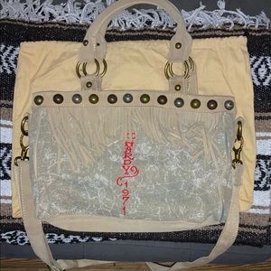 Ed Hardy Suede Canvas Fringe Tote/ Crossbody